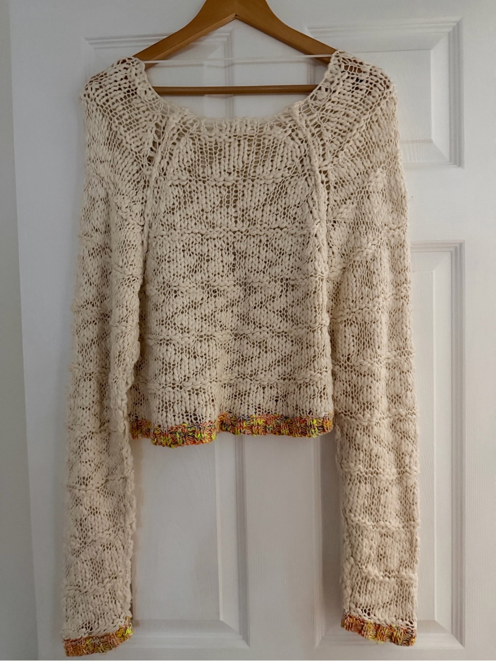 Free People Cream Cropped Open-Knit Sweater with Multicolor Trim - Picture 2 of 3